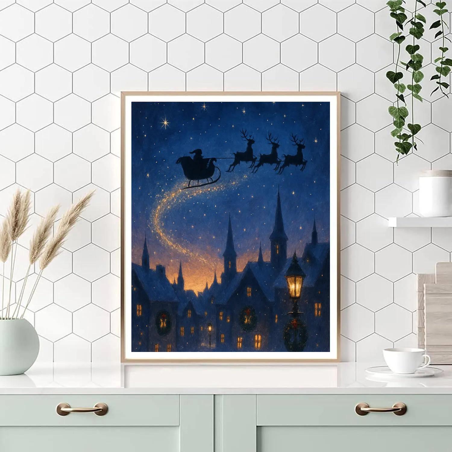 Santa Sleigh Over Twilight Town Number painting