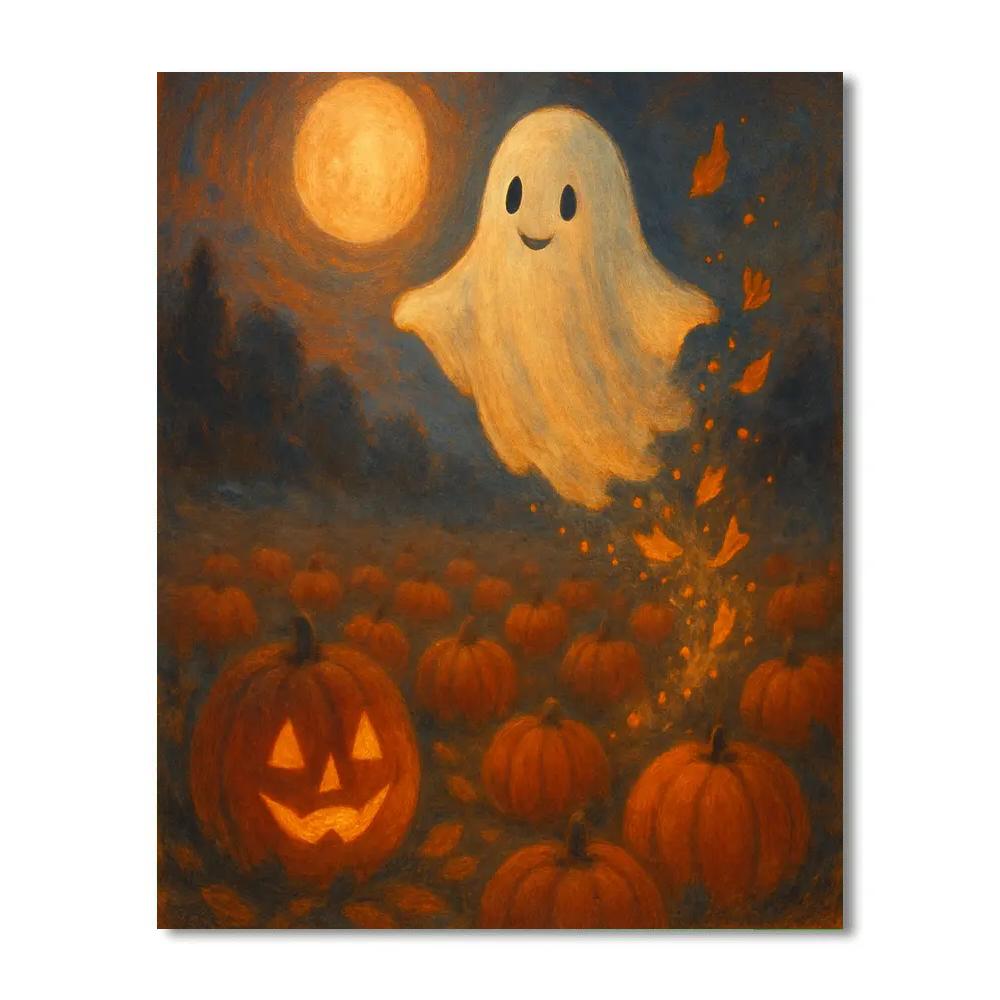 Gentle Ghost Over Pumpkin Patch paint by number