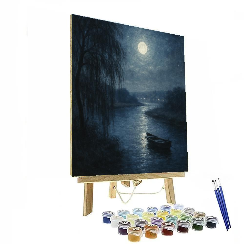 Quiet Riverbend At Moonlit Blue Number painting