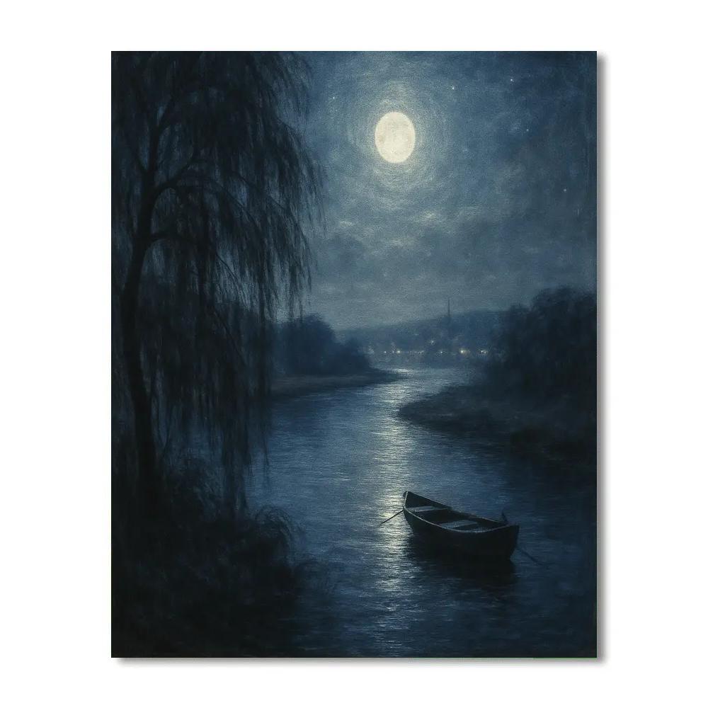 Quiet Riverbend At Moonlit Blue Number painting