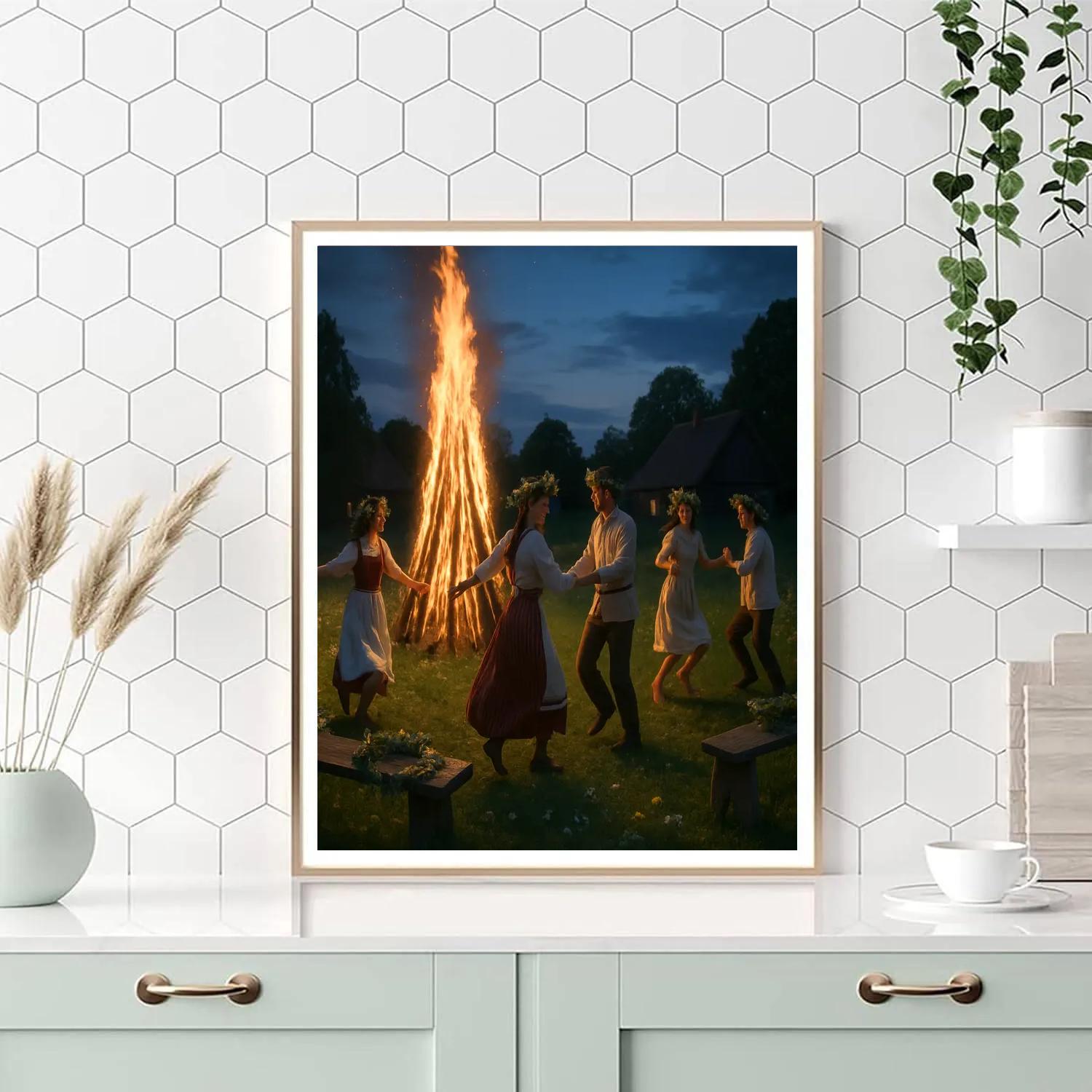 Midsummer Bonfire Village Celebration paint by color