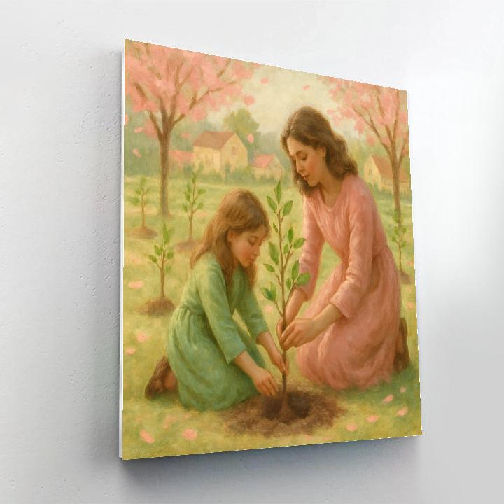 Mother And Child Planting Cherry Trees Number painting