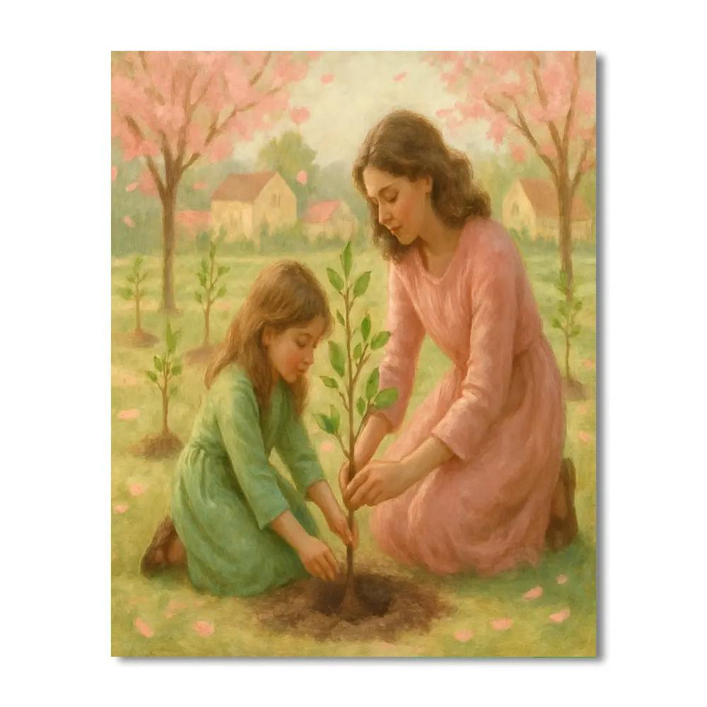Mother And Child Planting Cherry Trees Number painting