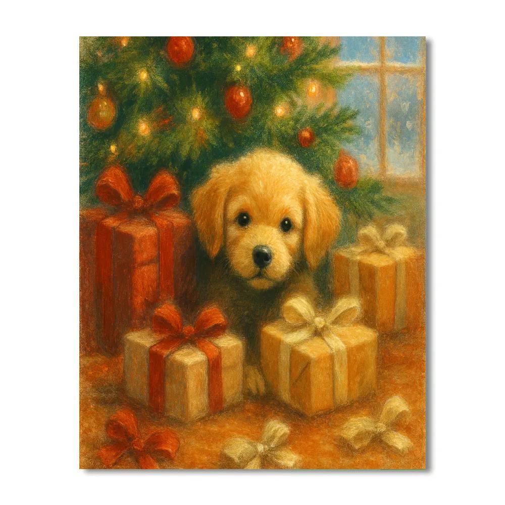 Puppy Under The Holiday Tree DIY paint by numbers