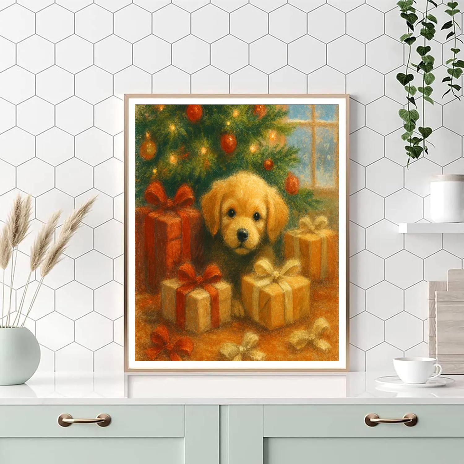 Puppy Under The Holiday Tree DIY paint by numbers