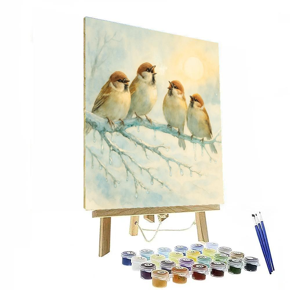 Sparrow Chorus On Icy Branch Paint by numbers art