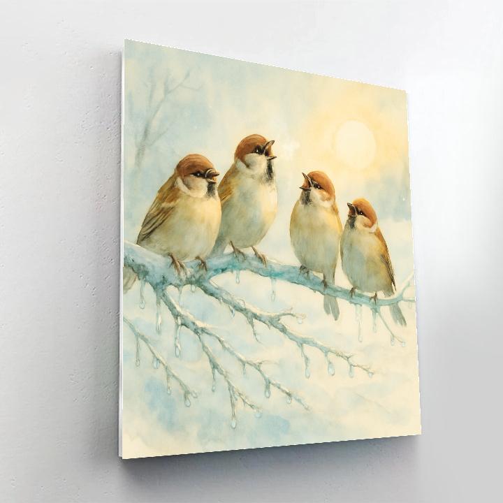 Sparrow Chorus On Icy Branch Paint by numbers art