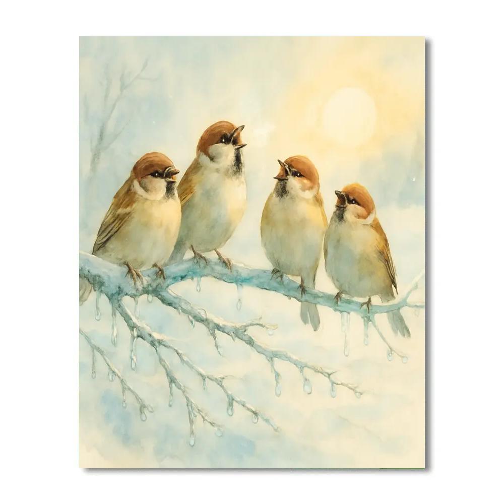 Sparrow Chorus On Icy Branch Paint by numbers art