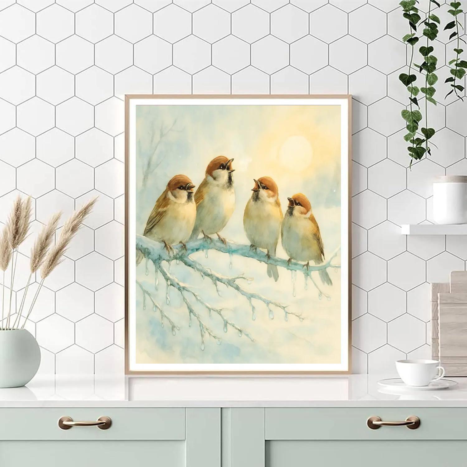 Sparrow Chorus On Icy Branch Paint by numbers art