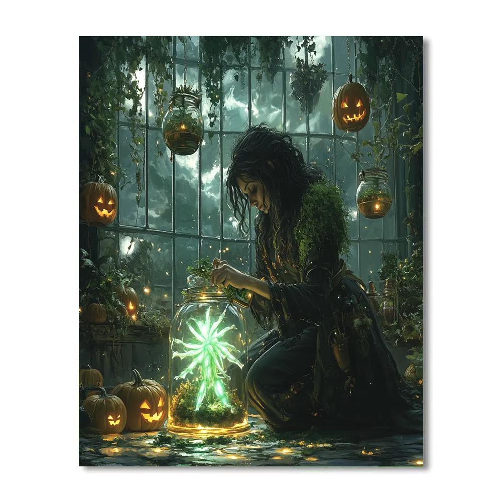 Spooky Witch Botanist In Midnight Greenhouse Paint by numbers kits