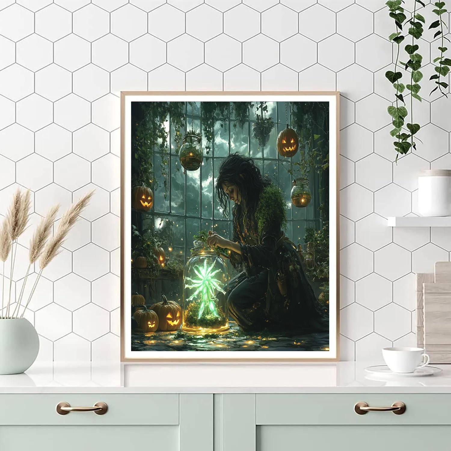 Spooky Witch Botanist In Midnight Greenhouse Paint by numbers kits