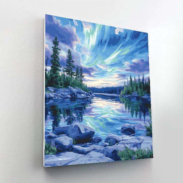 Franklin Carmichael Inspired Northern Lake Beneath Aurora Skies Number painting