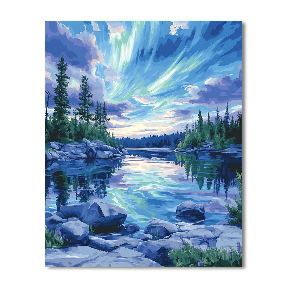 Franklin Carmichael Inspired Northern Lake Beneath Aurora Skies Number painting