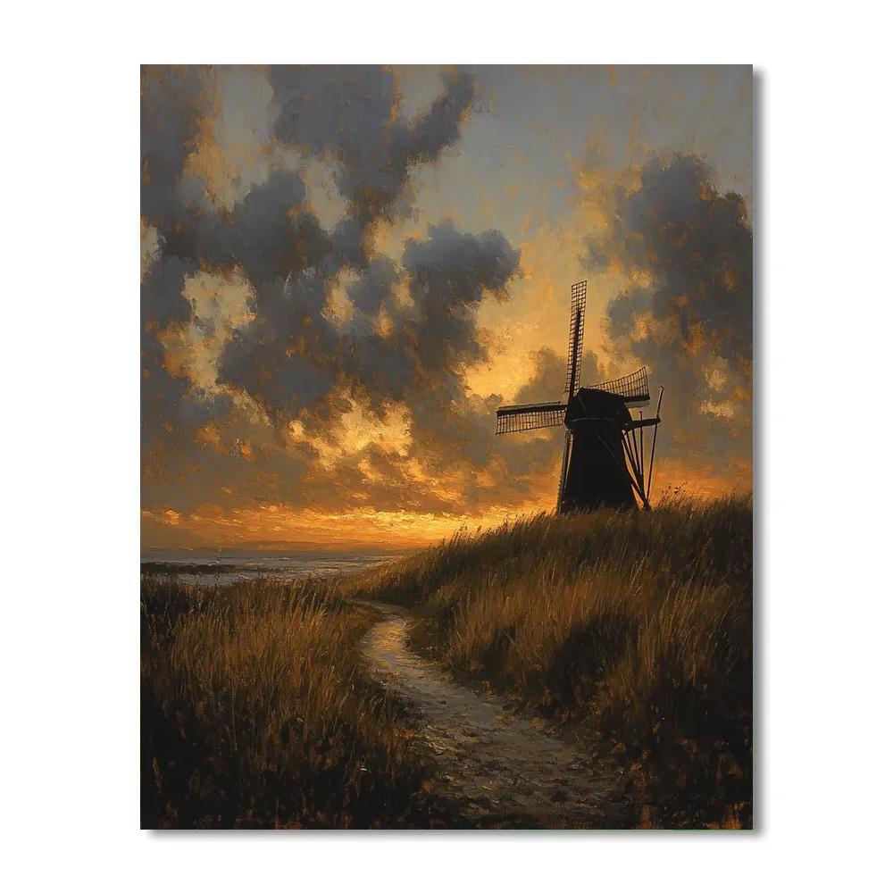 Rembrandt Inspired Twilight Windmill On Silent Dunes paint by number