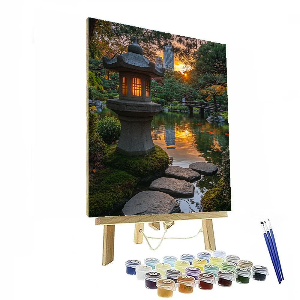 Kiyosumi Garden Lantern Sunset - Tokyo, Japan painting number kit
