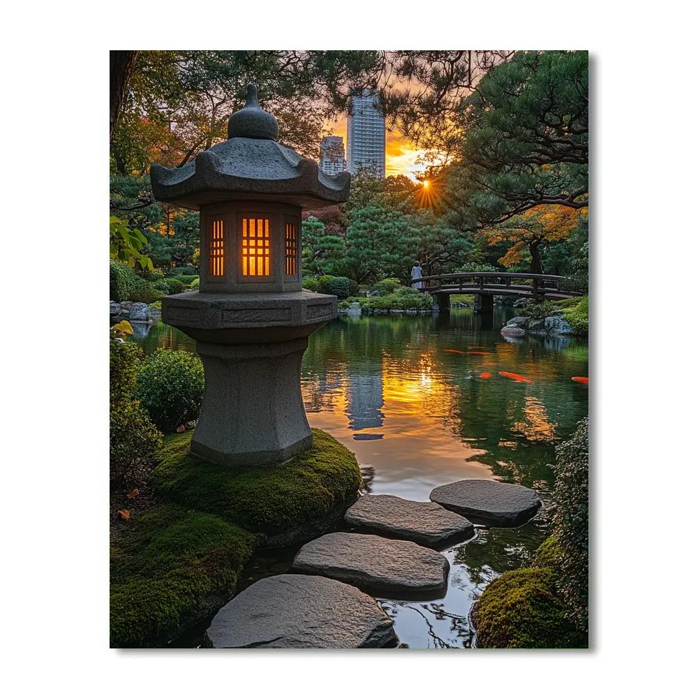 Kiyosumi Garden Lantern Sunset - Tokyo, Japan painting number kit