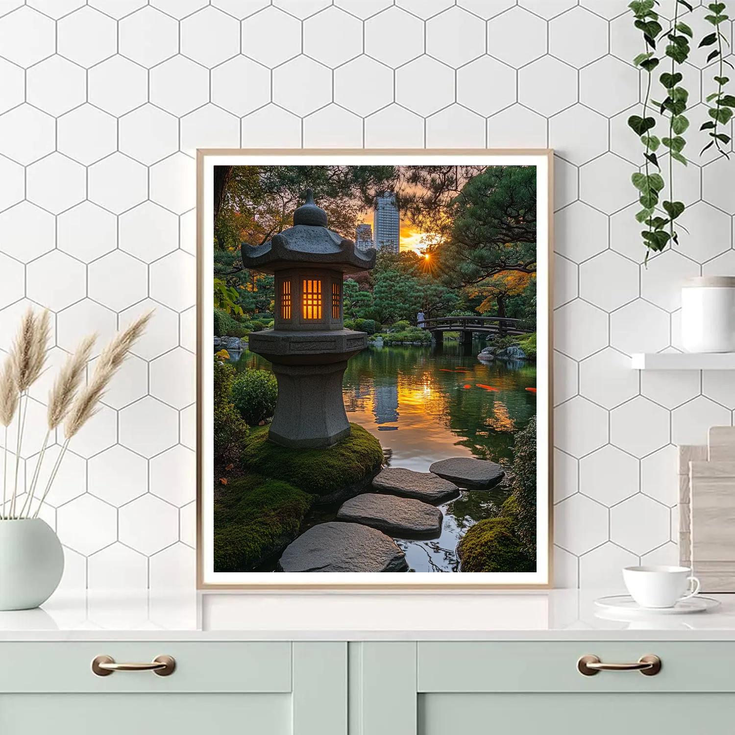 Kiyosumi Garden Lantern Sunset - Tokyo, Japan painting number kit
