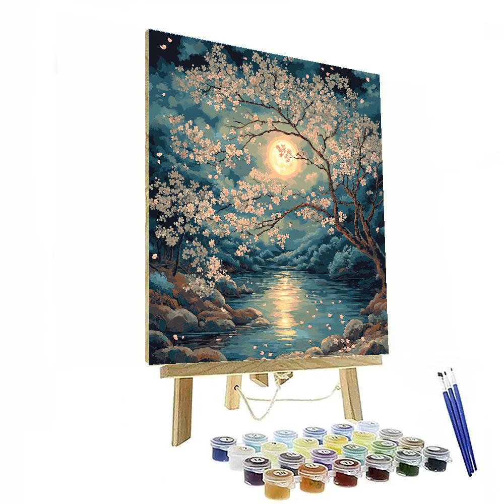 Hiroshige Inspired Moonlit Cherry Blossom Serenity painting number kit