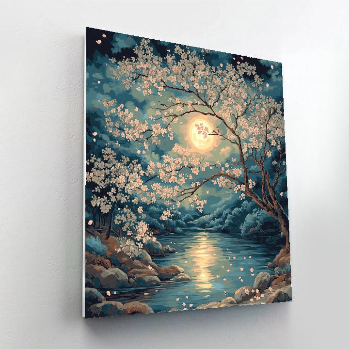 Hiroshige Inspired Moonlit Cherry Blossom Serenity painting number kit