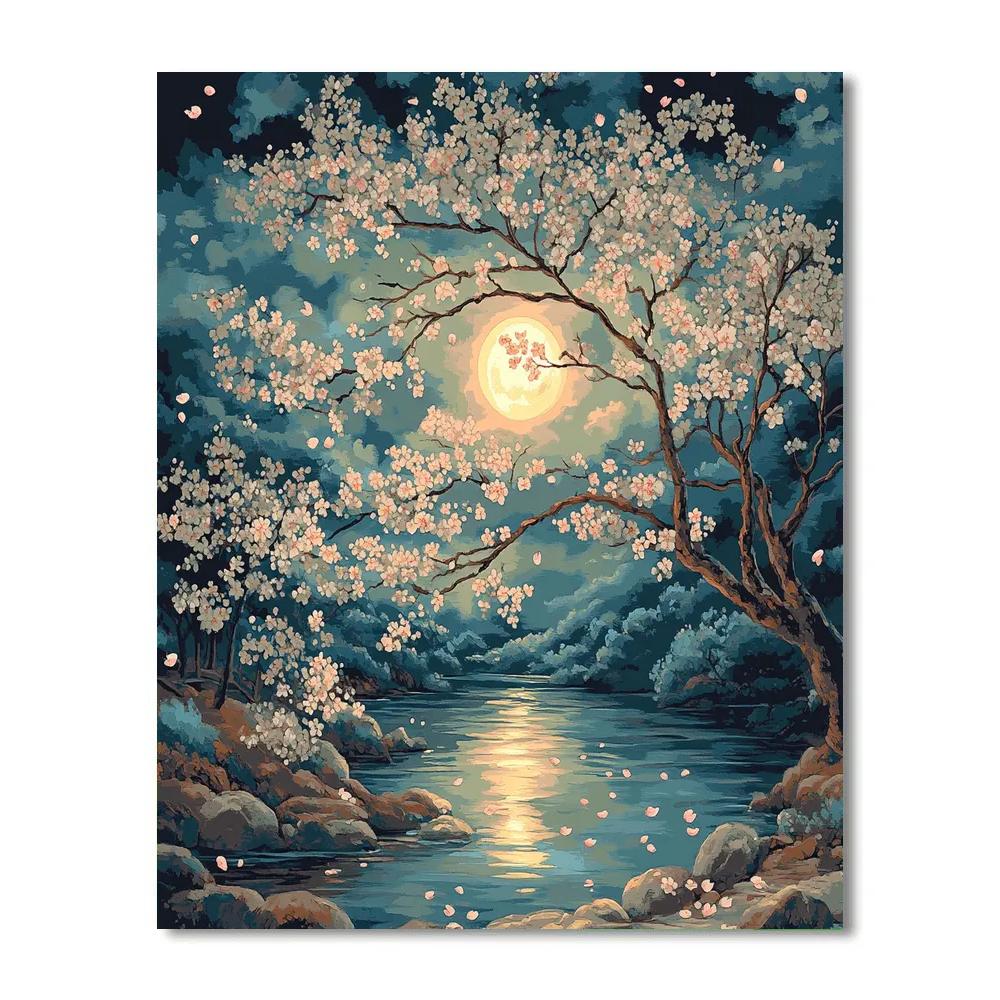 Hiroshige Inspired Moonlit Cherry Blossom Serenity painting number kit