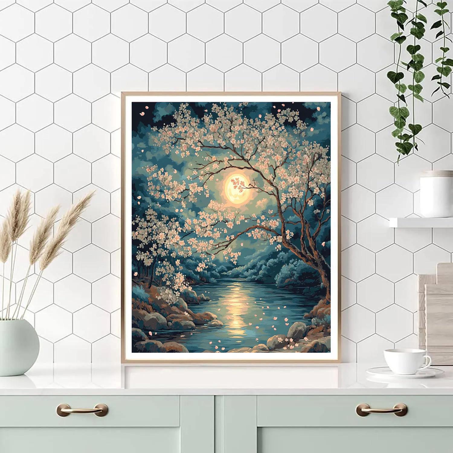 Hiroshige Inspired Moonlit Cherry Blossom Serenity painting number kit