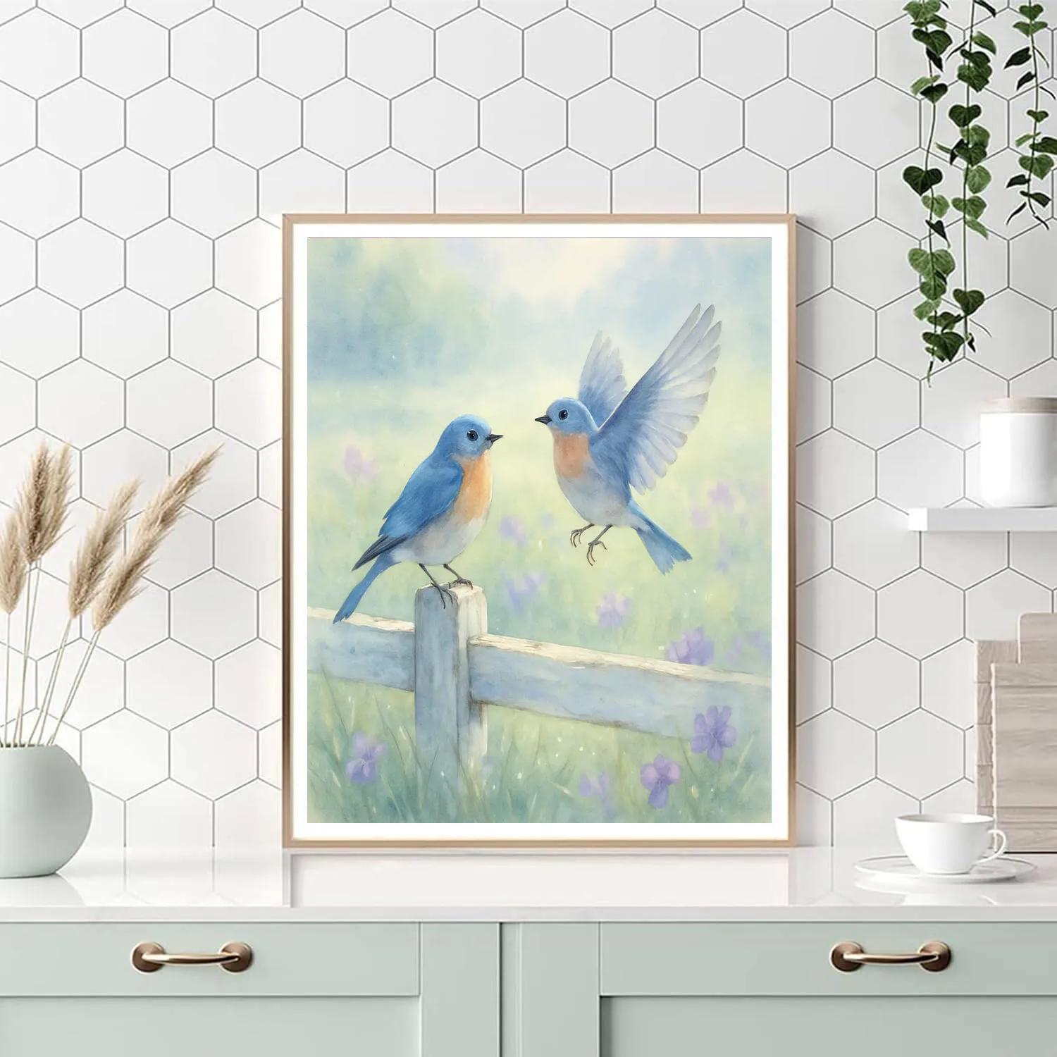 Bluebird Morning On A Painted Fence painting number kit