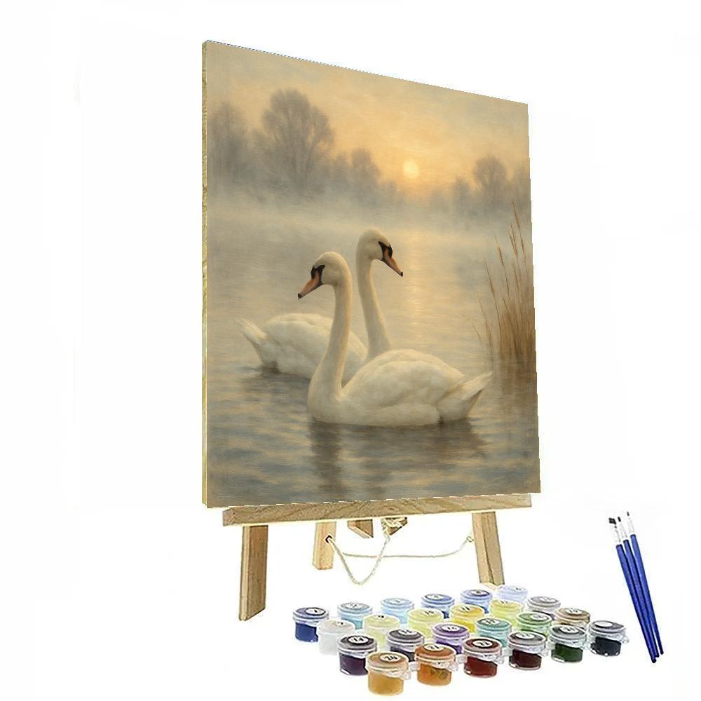 Swans At Misty Lake In Cozy Light paint by number