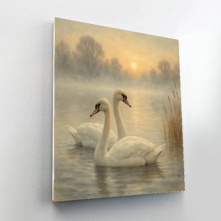 Swans At Misty Lake In Cozy Light paint by number