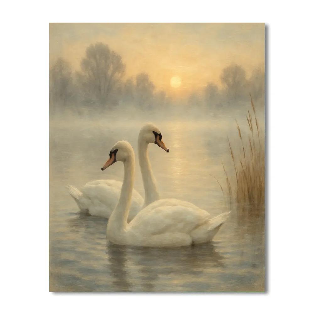 Swans At Misty Lake In Cozy Light paint by number