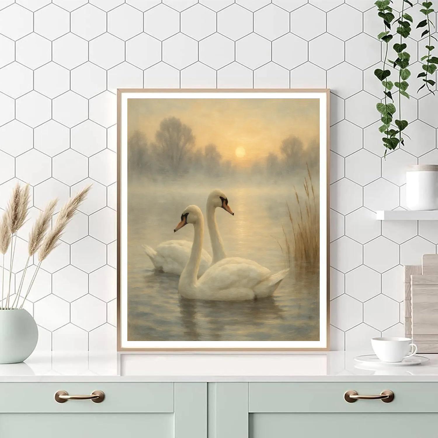 Swans At Misty Lake In Cozy Light paint by number