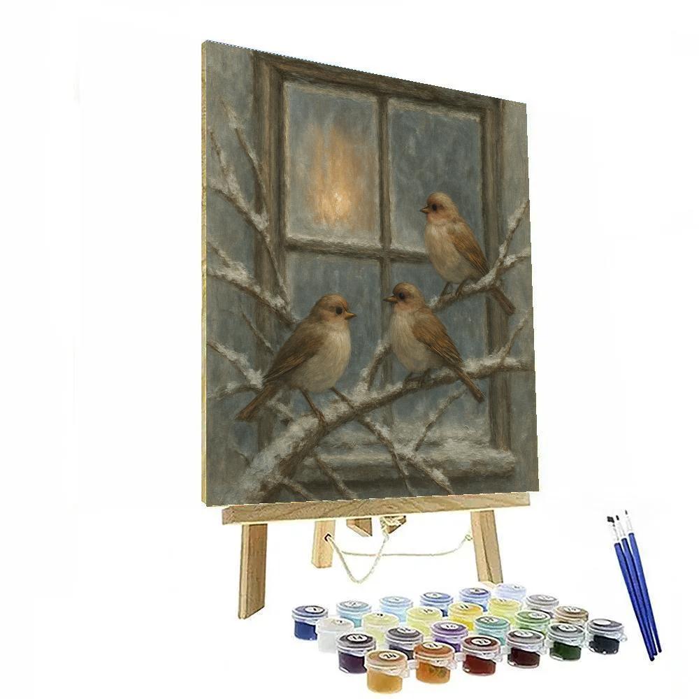 Snowy Finch Window Scene Painted Cozy paint by numbers