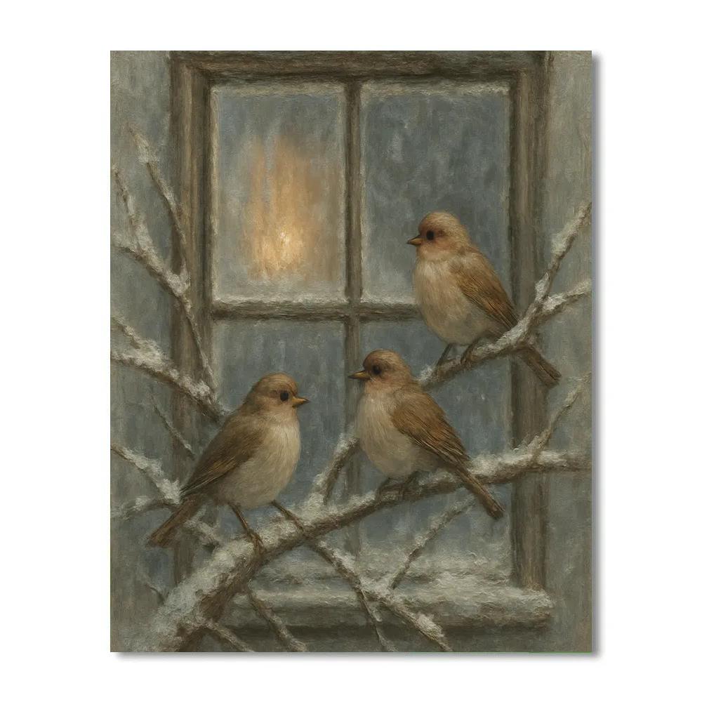 Snowy Finch Window Scene Painted Cozy paint by numbers