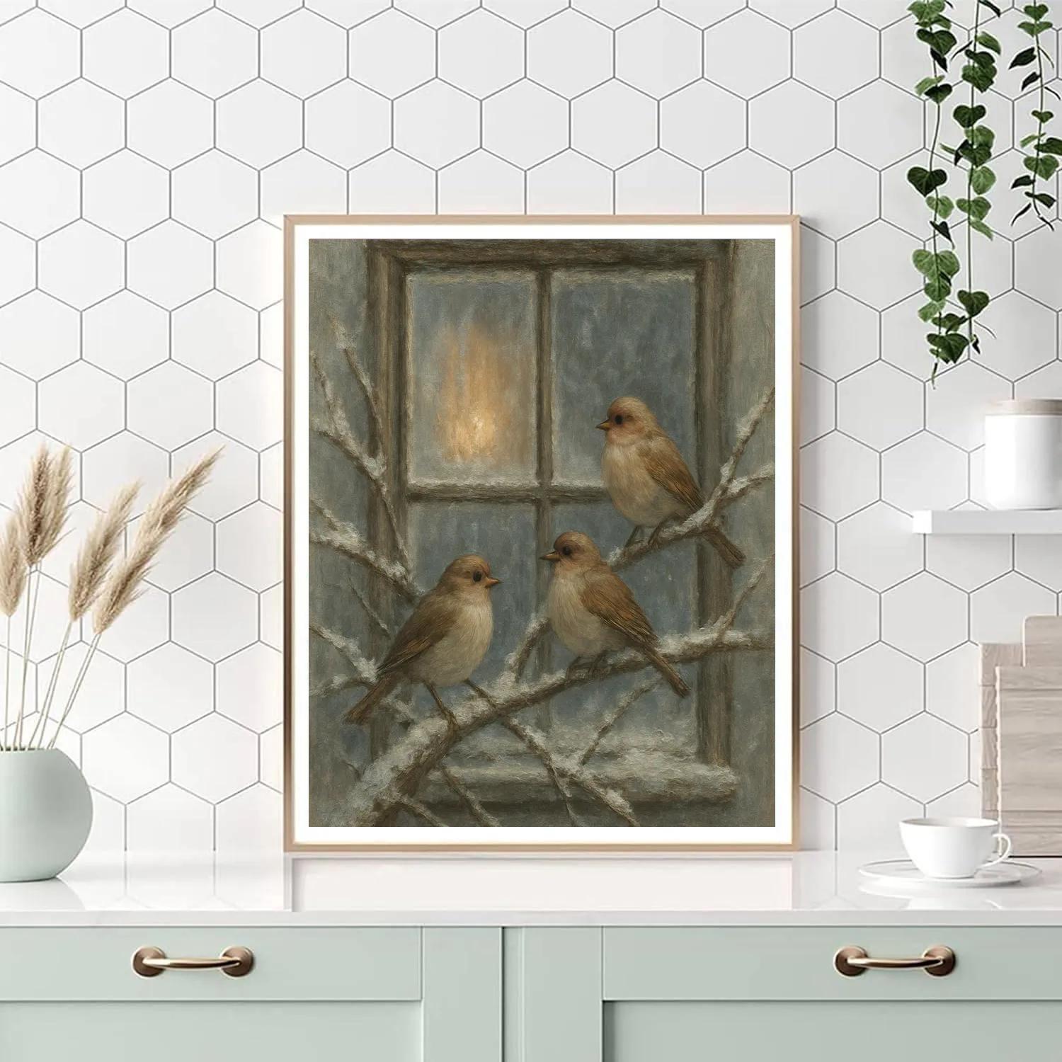 Snowy Finch Window Scene Painted Cozy paint by numbers