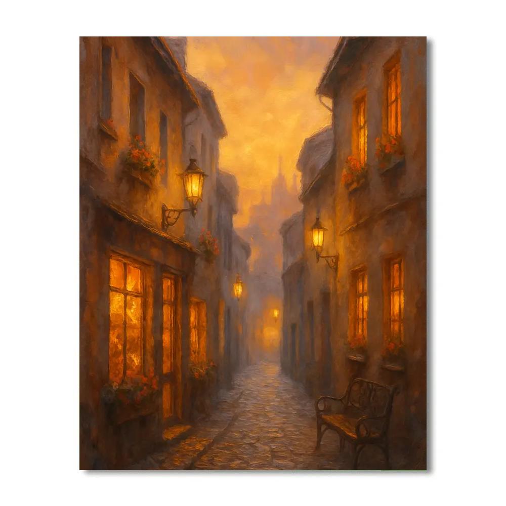 Sunset Glow Over Historic Cobblestone Alley Numbered painting kits