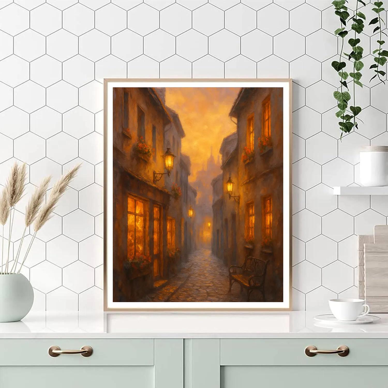 Sunset Glow Over Historic Cobblestone Alley Numbered painting kits