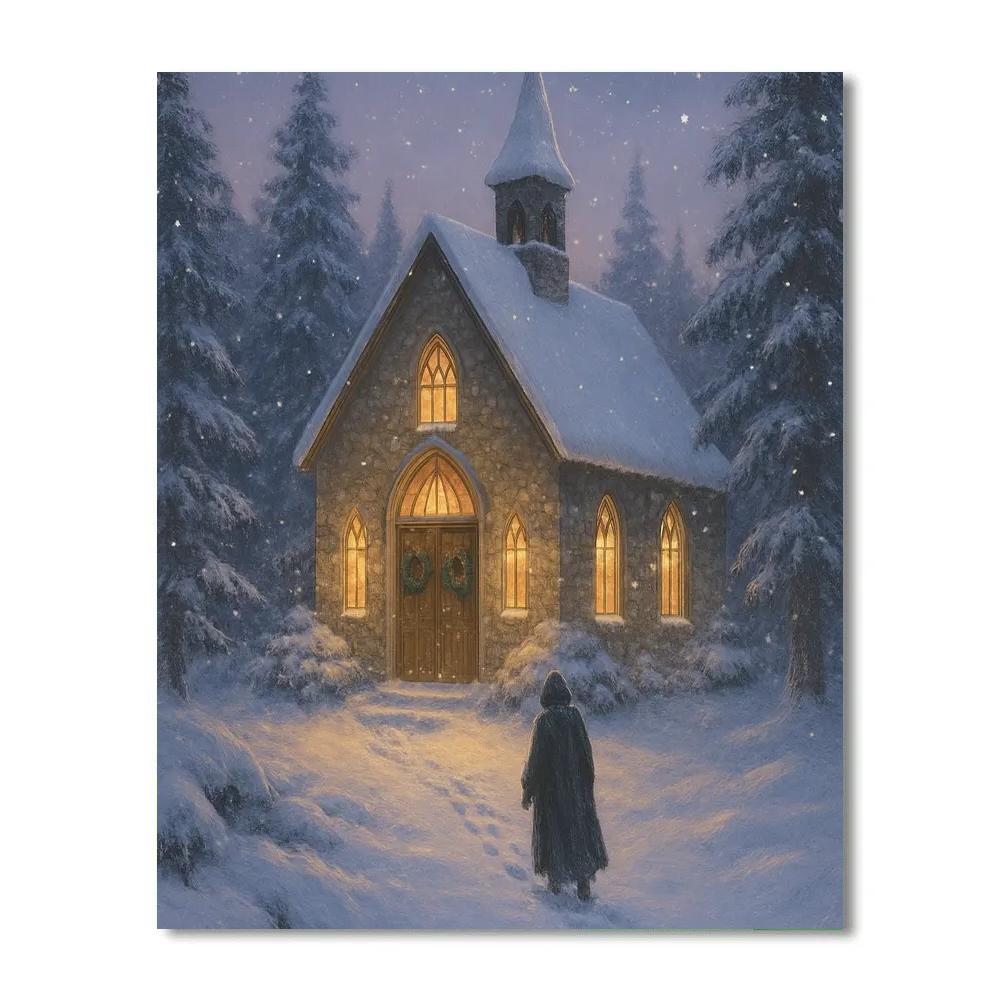 Quiet Chapel Under Falling Snow painting number kit