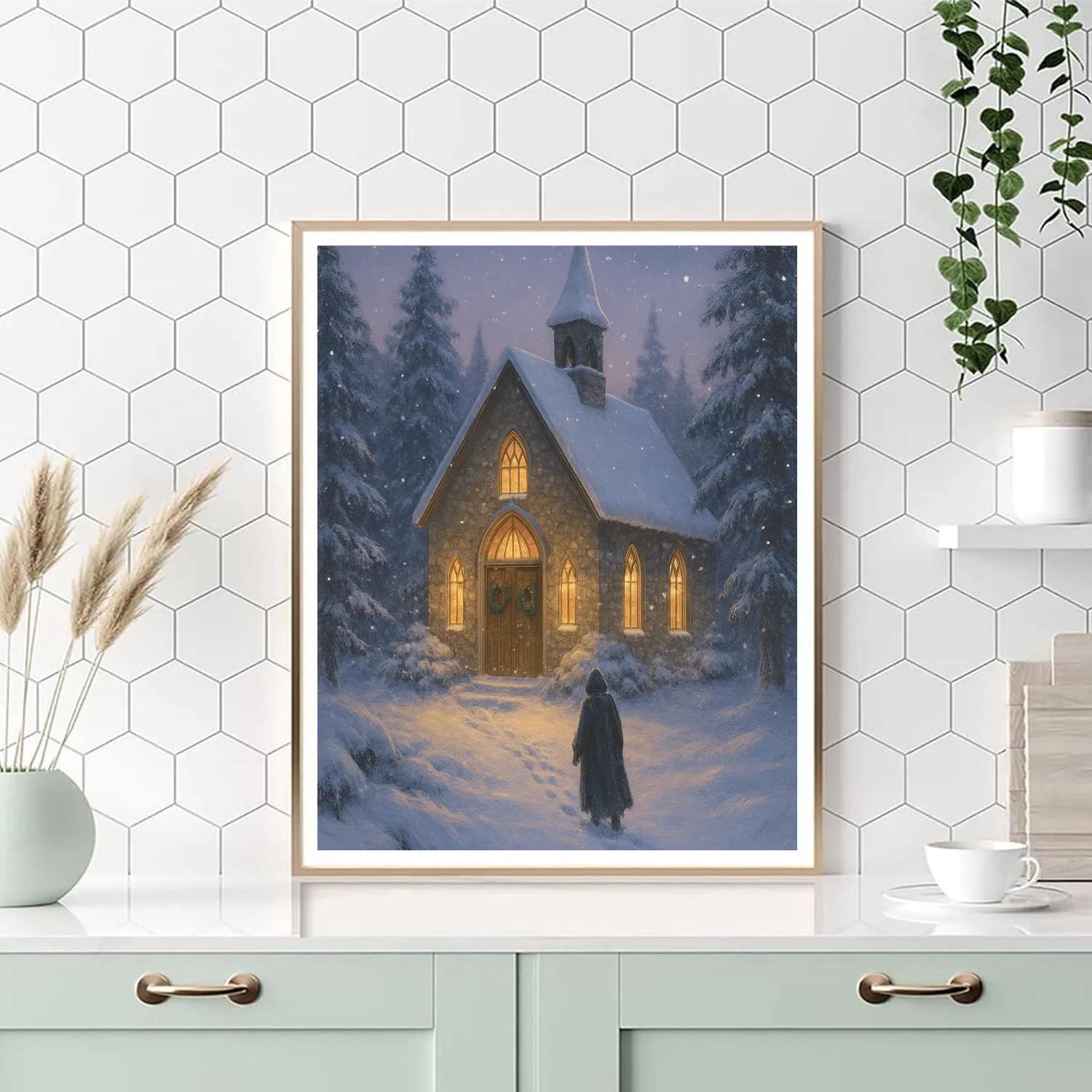 Quiet Chapel Under Falling Snow painting number kit