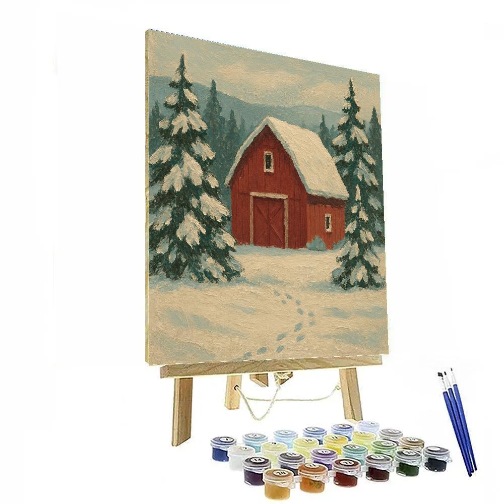 Crimson Barn In Snow painting number kit