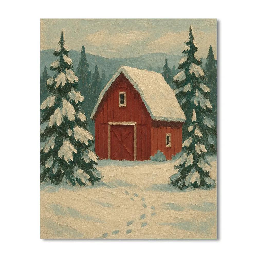 Crimson Barn In Snow painting number kit