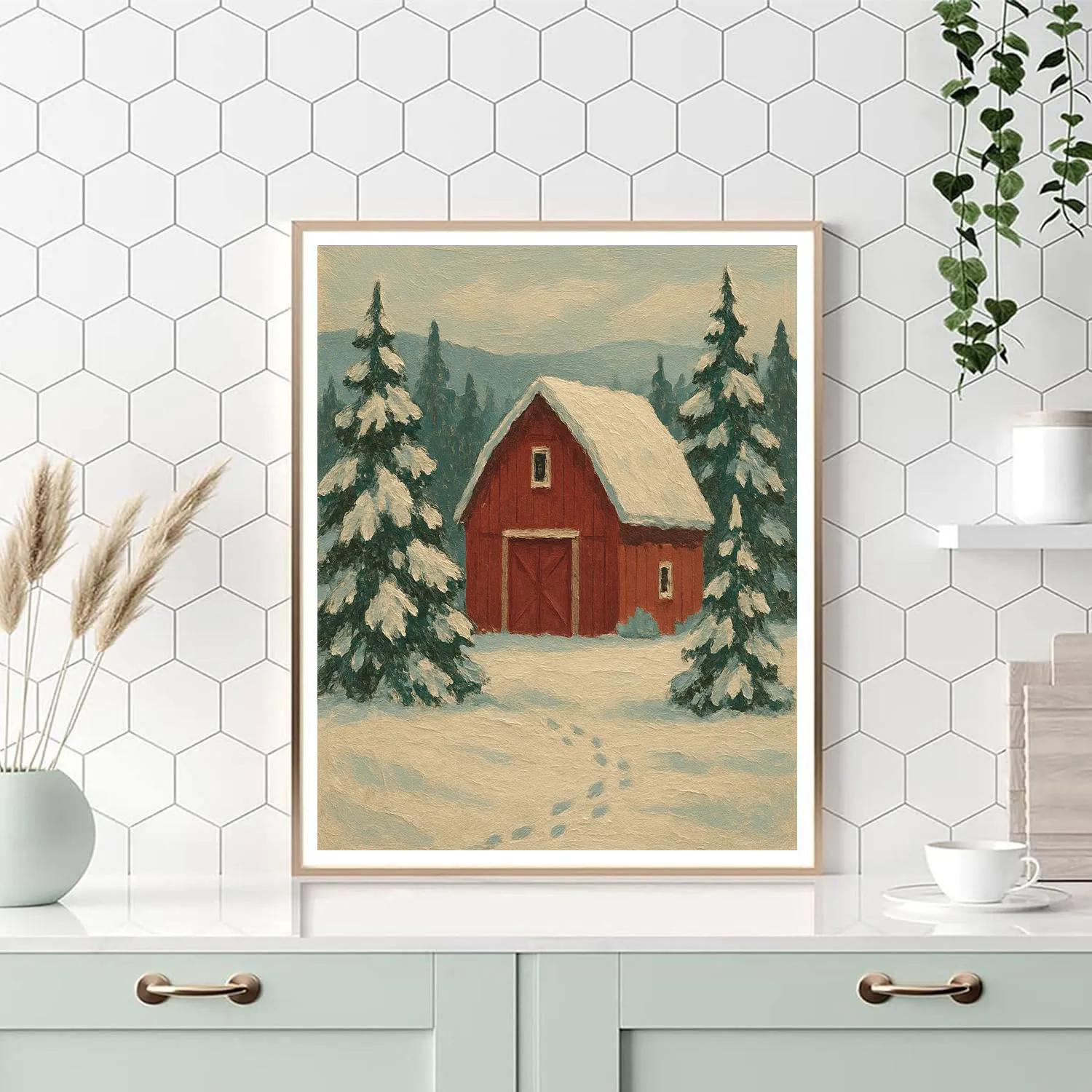 Crimson Barn In Snow painting number kit