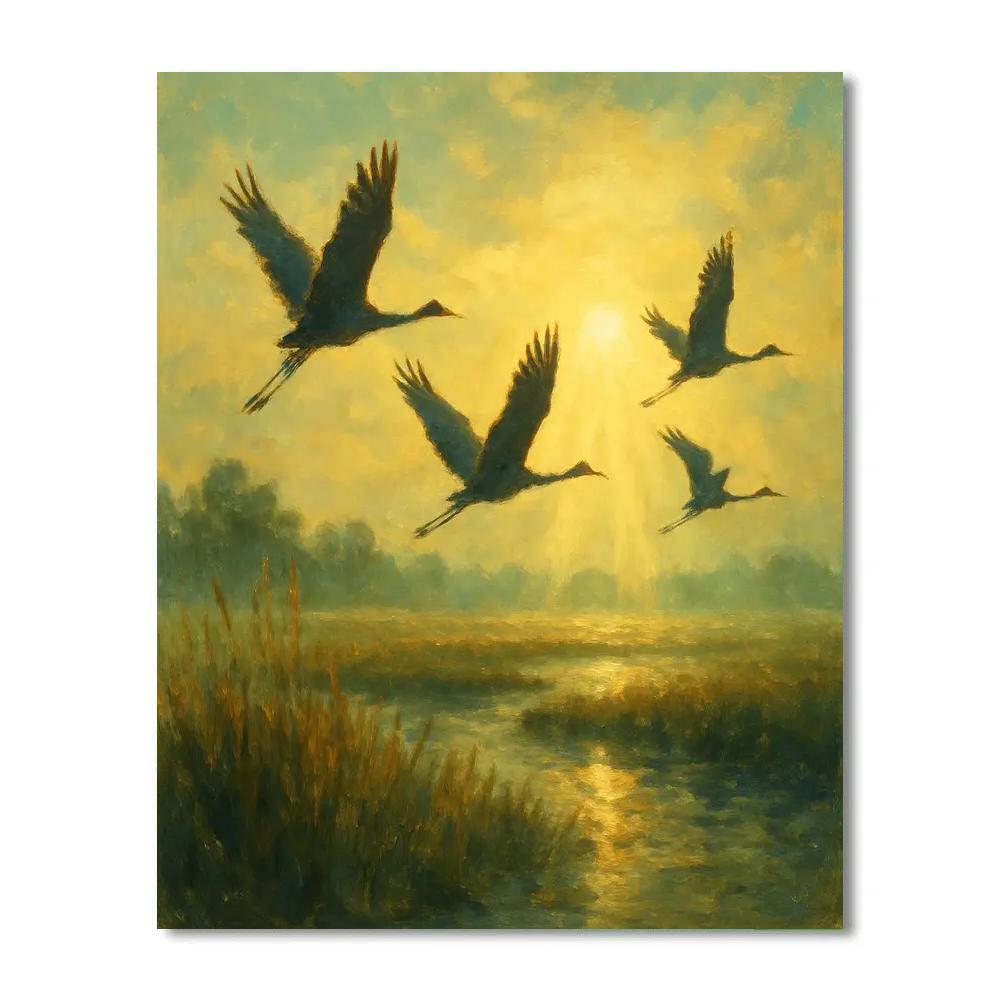 Golden Cranes At Sunrise Painted Horizon Paint by numbers art