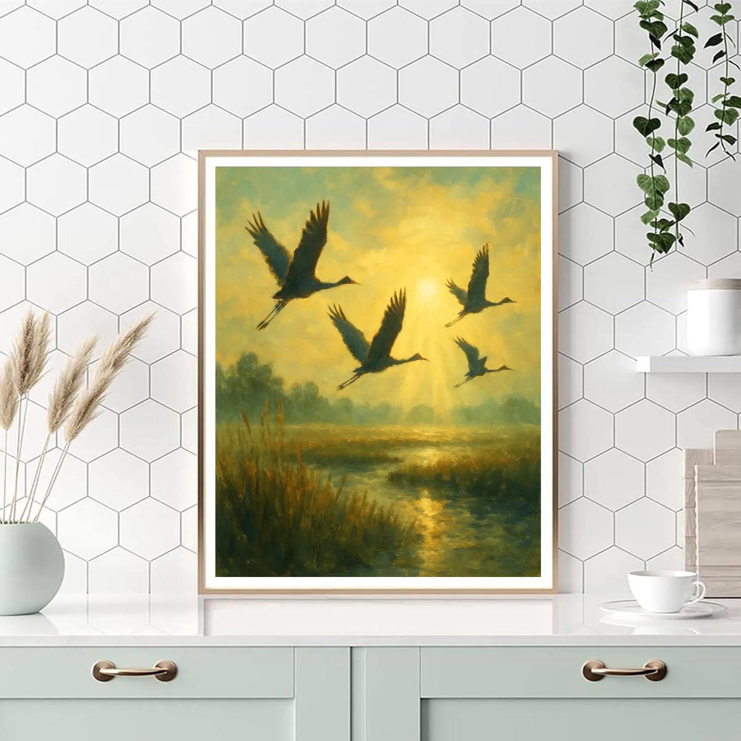 Golden Cranes At Sunrise Painted Horizon Paint by numbers art