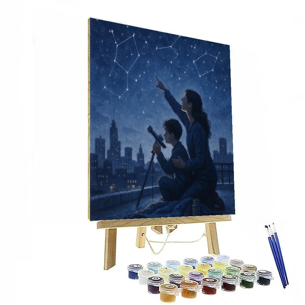 Mother And Son Stargazing On A Rooftop Numbered painting kits
