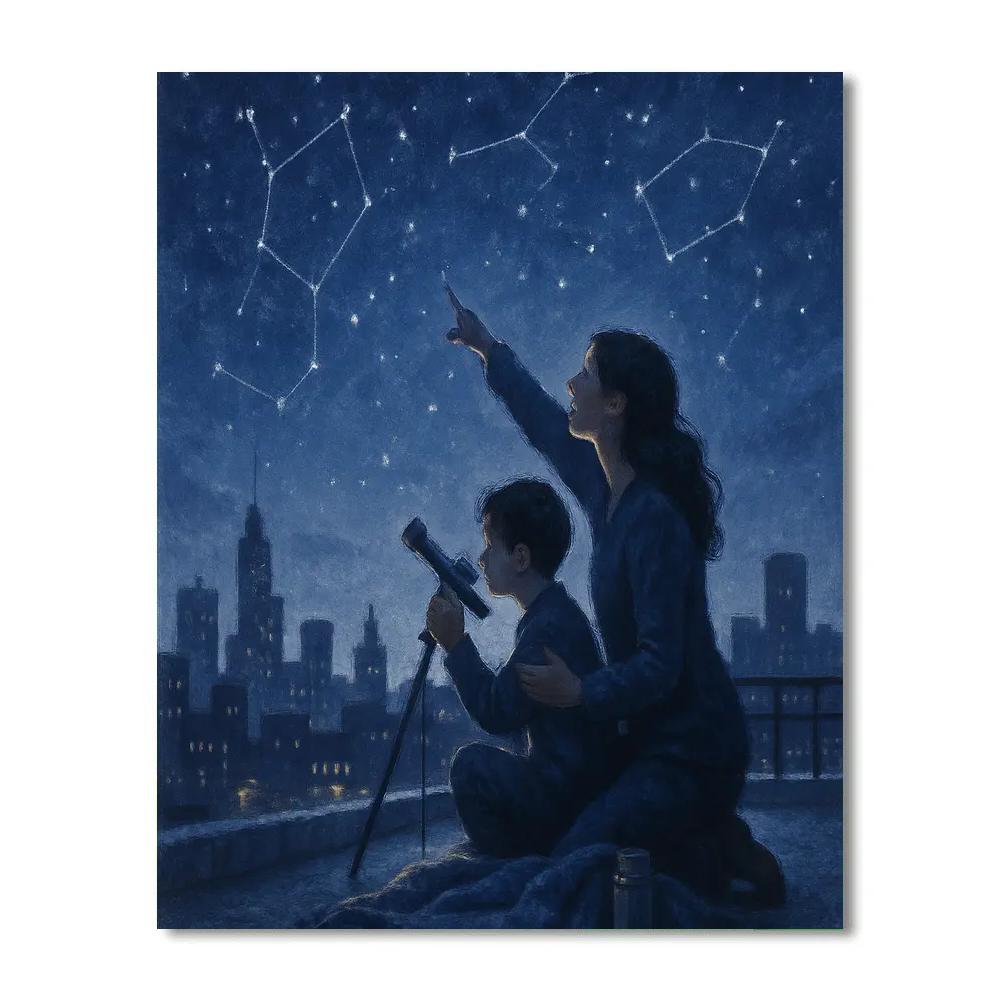 Mother And Son Stargazing On A Rooftop Numbered painting kits