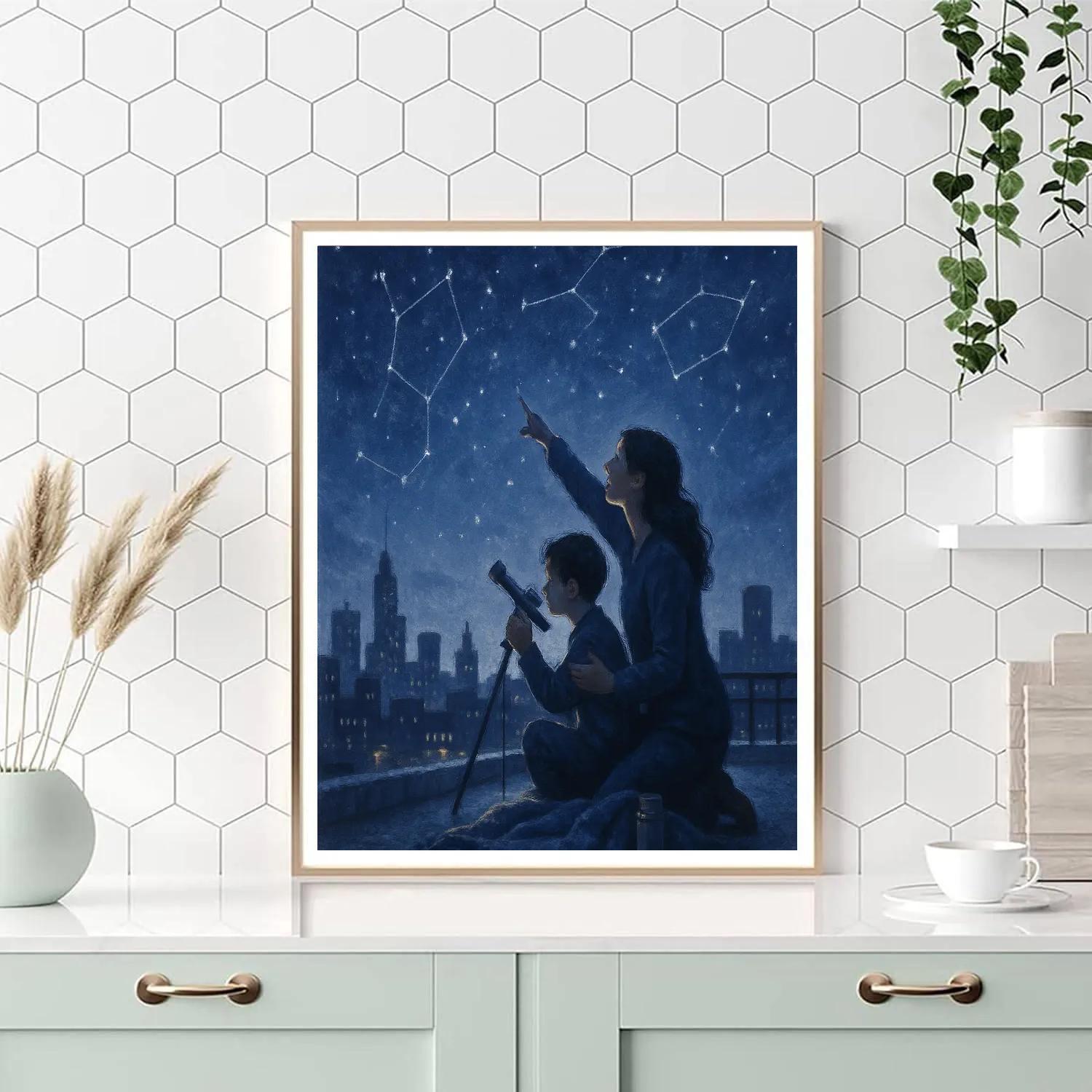 Mother And Son Stargazing On A Rooftop Numbered painting kits