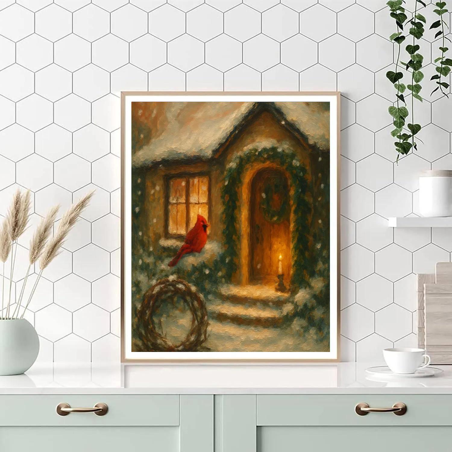 Warm Hearth Cottage And Red Cardinal Painting by numbers kit