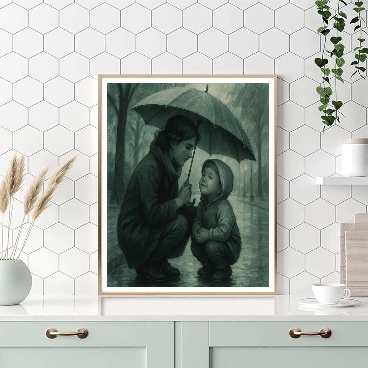 Mother Protecting Child Under Umbrella Paint by numbers kits
