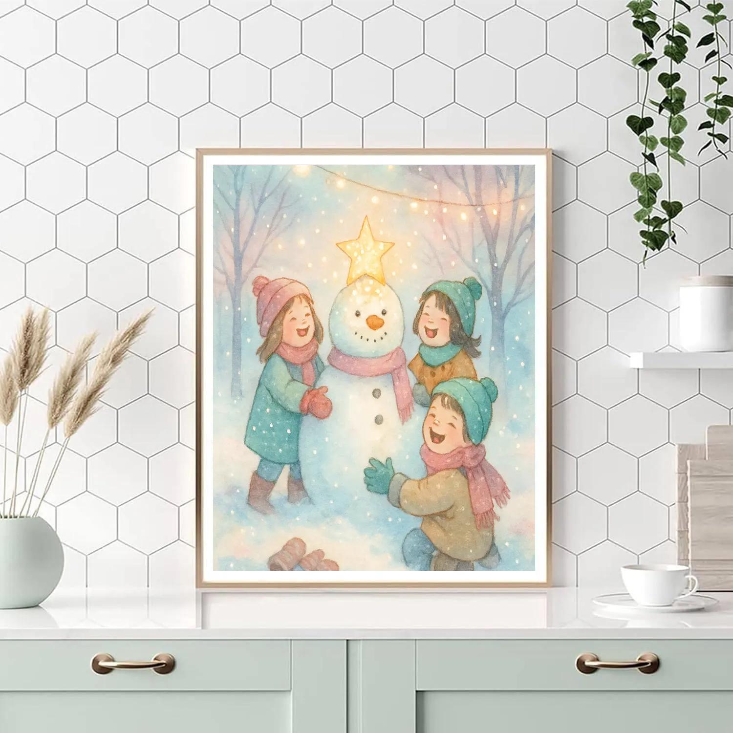 Children Building A Starlit Snowman DIY paint by numbers