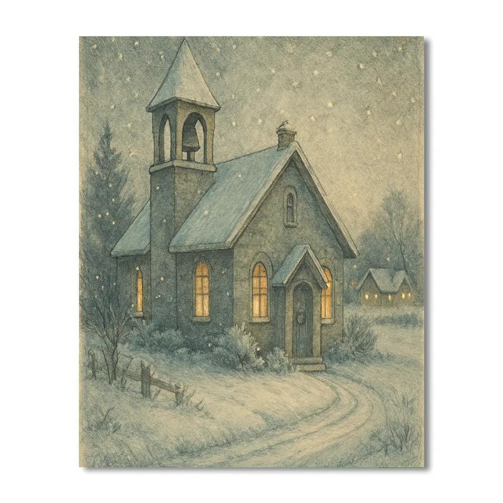 Village Bell Under Snowfall Number painting