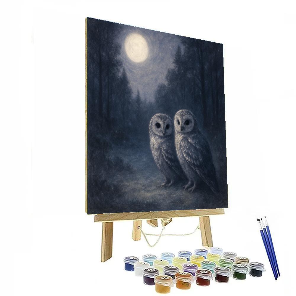 Owls In Moonlit Clearing Painted Scene paint by number